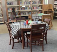 Picture of table decorated with checkered table cloth with shelves filled with books in the background. 